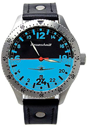 Messerschmitt Herren-Fliegeruhr Night & Day ME-108, Quarz, zweigeteiltes Zifferblatt, Edelstahlgehäuse, Mineralglas, Lederarmband mit Nieten, 5 bar