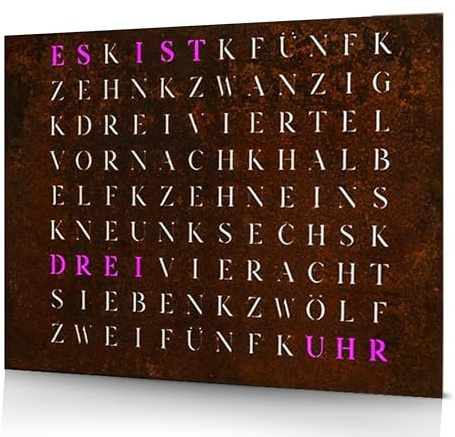 WordClock Jupiter 50 × 40 cm – LED-Wortuhr mit App-Steuerung (IO Software, offlinefähig) – Rust Iron Edition aus echt gerostetem Eisen – Infinity Edge Design – Premium-Wanduhr mit 16 Mio. Farben