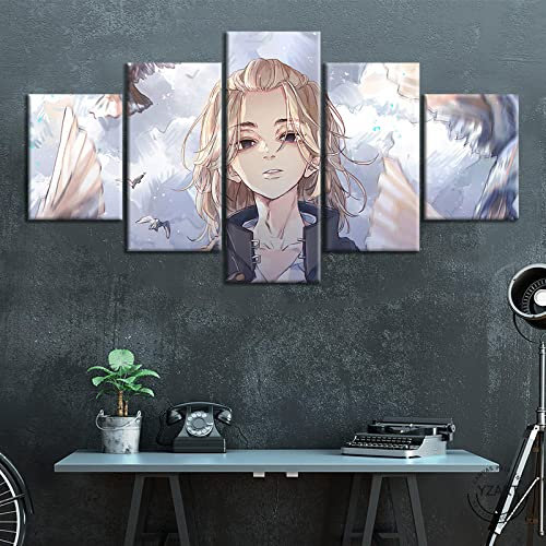 Wondbeau Leinwanddrucke Modulare Wandkunst Wandaufkleber 5 Teiliges Wandbild Druck auf Leinwand Malerei Moderne Abstrakte Poster Mit Rahmen M/100cm×50cm Anime Tokyo Revengers