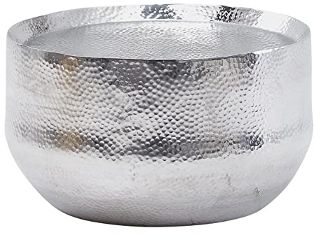 FineBuy Couchtisch Rund 60x60x35 cm Metall Silber, Wohnzimmertisch | Sofatisch in Hammerschlag-Optik, orientalischer Beistelltisch aus Aluminium, handgefertigtes Unikat, Loungetisch