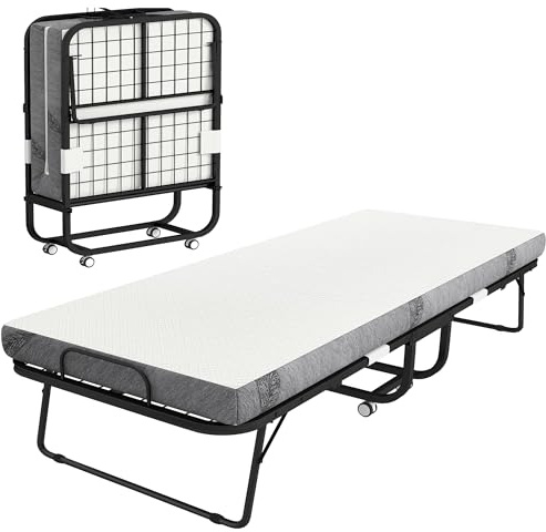 HOMCOM Folding Bed with Mattress for Adults, Long Twin Size, Portable Foldable Bed with 4 Foam Mattress & Space-Saving Steel Frame, 79 x 35, Fold Up, Roll Away & Hideaway, White