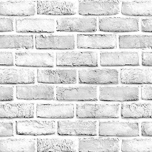 Shackcom Papier Peint Vintage Autocollant Mural Effet Brique Blanc et Gris Rouleau de Papier Décoratif Imitation Pierre Auto-Adhésif Imperméable 44.5x600cm pour Cuisine Chambre Salon Toilette