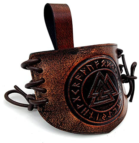 Viking Leather Belt Attachment Genuine Leather Hanger/Holster/Holder for 12- 16'' Viking Drinking Horn Handcrafted Accessory securely attaching it to your belt, bag,or backpack embossed with Odin