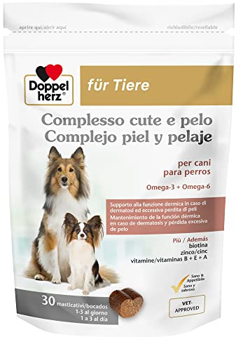 Doppelherz für Tiere Complesso Cute e Pelo per Cani, 30 Masticativi | Per pelle e pelo, Con omega-3 e 6, biotina, vitamine B + lievito di birra, 1 bocconcino al giorno, Senza zuccheri aggiunti