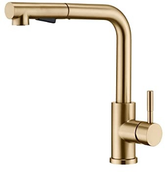 KINSE Kitchen Mixer Tap with Pull-Out Spray Head, Stainless Steel Kitchen Sink Faucet, Single Lever, 2 Jet Types, 360° Swivel, Brushed Gold