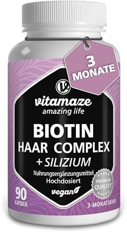 Haar Vitamin Komplex mit Biotin, Silizium, Zink, Selen, 1 Kapsel pro Tag, 90 vegane Kapseln für 3 Monate, Vitamine für Haare, Haut & Nägel, Nahrungsergänzung ohne Zusatzstoffe, Made in Germany