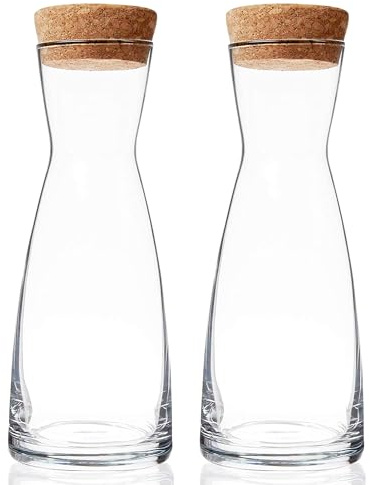 Bormioli Rocco Ypsilon Carafe Set with Cork Lids, Set of 2-36.25 oz Stylish Drink Set for Water, Milk, Juice, or Wine - Dishwasher Safe Modern Glassware for Dining & Entertaining