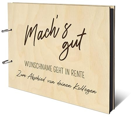 Personalisiertes Abschied Fotoalbum echtes Holz DIN A4 Rente Erinnerungsbuch mit Lasergravur - Machs Gut - mit 25 Blatt / 50 Seiten Fotokarton Schwarz