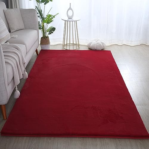 Carpetsale24 Rabbit Hochflor Teppich 160x230 cm Rot Shaggy Modern Flauschig Weich Fellteppich Kunstfell Einfarbig für Wohnzimmer Schlafzimmer Esszimmer