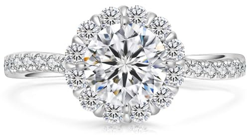 KRKC&CO Verlobungsring Damen Halo Moissanite Ringe, 1 Karat Halo Ringe Trauringe, VVS1 D Farbe, 925 Silber Weißgold, Verlöbnis Hochzeitstag Jubiläum Geschenk für Frauen, 53 (16.9)
