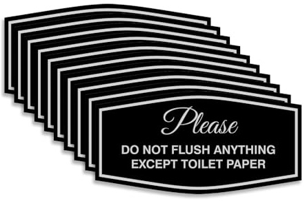 Fancy Please Do Not Flush Anything Except Toilet Paper Sign | Easy Installation | Restroom Signs (Black/Silver) - Medium (10 Pack)