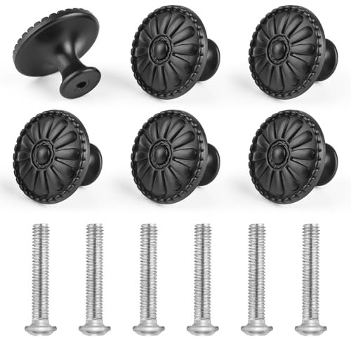 TIANCONGYUN Lot de 6 boutons d'armoire en plastique noir mat avec 6 vis standard, boutons d'armoire vintage individuels pour tiroirs, petites armoires et commodes