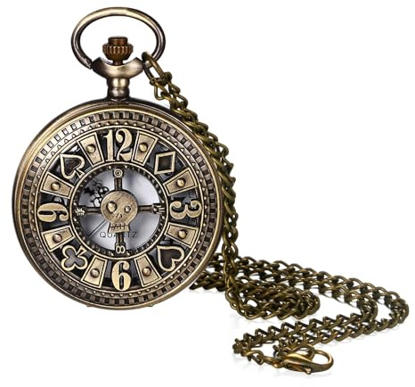 JewelryWe Steampunk Poker Pocket Watch: Men Women Vintage Round Analog Quartz Classic Pendant Necklace Watches with Chain for Christmas