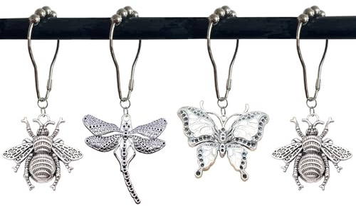 12Pcs Dragonfly Butterfly Bee Shower Curtain Hooks，Rust Proof Stainless Steel Shower Curtain Rings for Spring Garden Floral Insect Nature Theme Home Bathroom Decor
