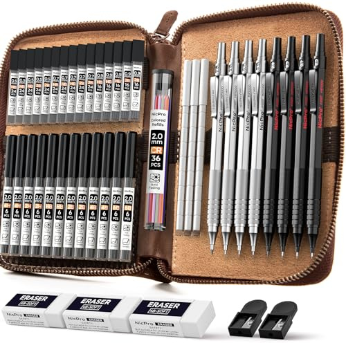 Nicpro 45 Stück Druckbleistift Set aus Metall im Lederetui | Zeichenbleistifte mit 0,5 0,7 0,9 und 2 mm zum Skizzieren und Zeichnen, Bleistifte Mit 27 Minen (Farben 6B 4B 2B HB 2H 4H)