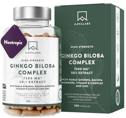 Ginkgo Biloba High Strength -7500mg (50:1 Extract) + Bacopa Monnieri, Ginseng and Ginkgo Biloba Herbal Supplements + VIT B6, B1, B2, & Zinc -180 Nootropic Ginkgo Biloba Capsules - Packed w/Flavonoids