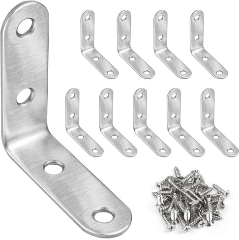 JatilEr 10 soportes angulares, 50 x 50 mm, esquina derecha de 90 grados, soporte de esquina de acero inoxidable con 40 tornillos, soportes pequeños en forma de L para fijación de muebles de madera