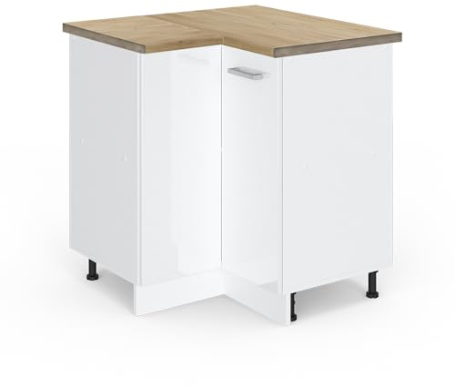 Vicco Eckunterschrank R-Line, Weiß Hochglanz, 75.6 cm | Verbindet zwei Küchenseiten · AP Eiche inkl. · Höhenverstellbare Füße · 1 Einlegeboden · 1 Tür