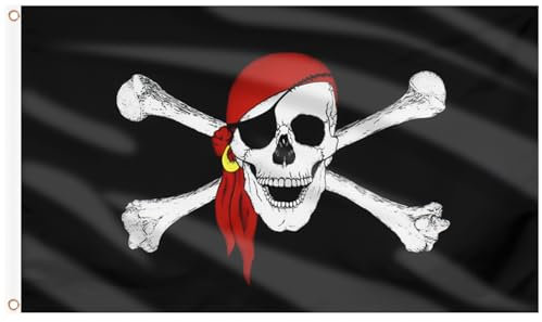 AhfuLife Pirate Jolly Roger Flag for Pirate Themed Party, 5ft x 3ft Large Pirate Red Scarf Flag Double Sides with Brass Eyelets for Halloween Indoor Outdoor Decorations