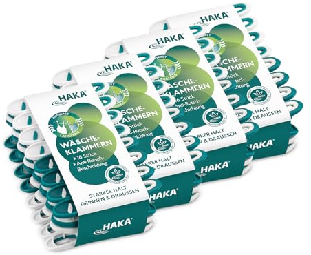 HAKA Wäscheklammern, 64 Stück, stabil, ohne Abdruck, für drinnen & draußen
