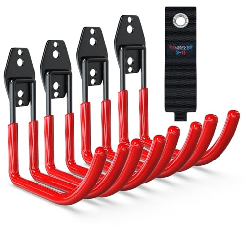 3-H Garage Hooks 4Pack, Solid Steel Heavy Duty Wall Hooks with Adjustable Extension Belt, 3 Round Welding Spots - Garage Storage for Ladders, Garden Tools, Fitness Tools (Red) | Multi-Purpose Garage Hooks to Organize Garden Lawn Tools, Sports Gear, Ladders, Power Tools & Outdoor Hoses