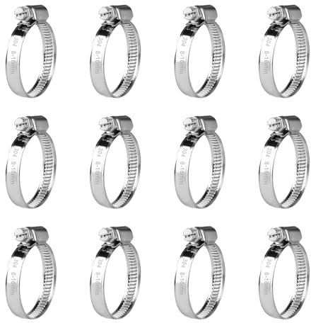 12 Pcs Collier de Serrage Tuyau Réglable 8-16 mm, Collier de Serrage en Acier Inoxydable, Colliers de Serrage à Vis Metallique, Boulons Collier Durite pour Tuyaux de Essence Diesel Piscine