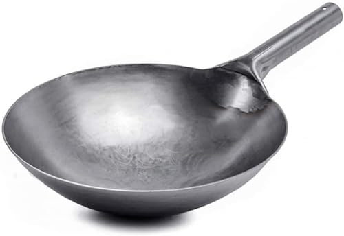 KRODEAIR Wok en Acier au Carbone, poêle à Wok, poêle à Frire Chinoise martelée à la Main, sans revêtement, Moins d'huile, Casserole antiadhésive,32CM