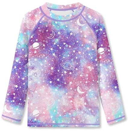 BesserBay Mädchen Druck Badeanzug UV Shirt Langarm UPF 50+ Sonnenschutz Rundhals Rash Guard Rosa Lila 140