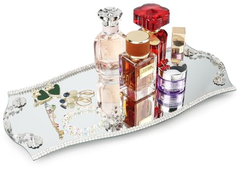 YCWF Silbernes Spiegeltablett, Spiegeltablett mit Tragegriffen für Schlafzimmer, Kommode, Parfümtablett, dekoratives Tablett für Heimdekoration, Geschenk, 38,1 x 17,8 x 2,5 cm