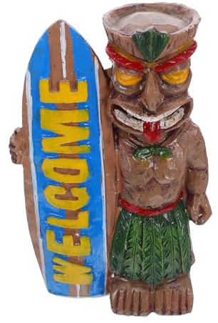 ABOOFAN Hawaii Tiki Gartenfigur, Kleine Tiki-Statue Mit Surfbrett, Dekoratives SammlerstüCk FüR Bonsai, Balkon, Terrassendekoration