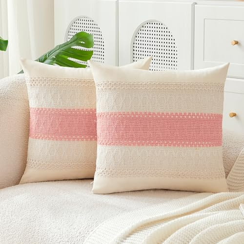 JELLYMONI Kissenbezüge Boho 50x50cm 2er Set Rosa Kissenhülle Gestreift Polyester Zierkissenbezüge mit Reißverschluss Dekokissen Sofakissenbezug Wurfkissenbezug für Sofa Wohnzimmer (KEIN Einsatz)