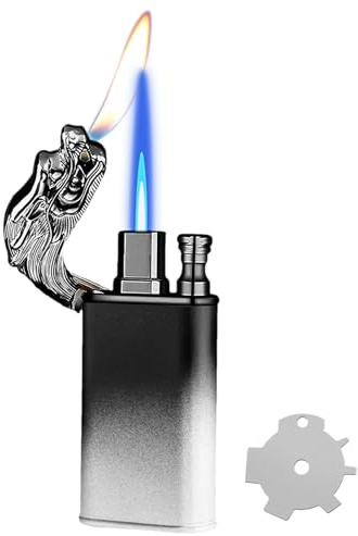 CYJBAO Dual Flame Torch Dragon Lighter, Windproof Jet Flame and Soft Flame with Adjusting Flame Tool, Refillable Butane Lighter for Candle, BBQ, Kitchen, Camping(Gas not Included)-Black White