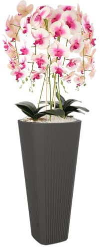 botle Pot de fleurs rond avec grand insert - Couleur anthracite - Diamètre : 39 cm - Hauteur : 81 cm - Surface rainurée - En plastique mat - Moderne - Glamour - Pour terrasse, jardin, balcon