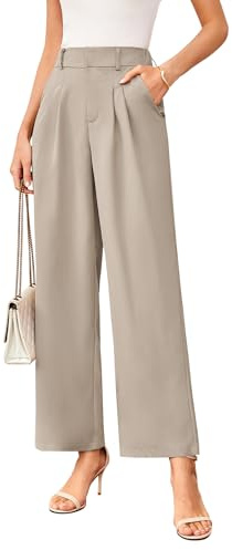 TMEOG Stoffhose Damen Sommer Weite Hose Elegant Marlene Palazzo Hose Lockere Gerade Geschnittene Hose Weites Bein Chino Anzughose mit Gummibund Wide Leg Business Bundfaltenhose für Damen(Beige,M)