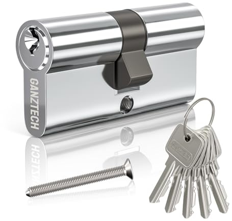 GANZTECH 30/30 (60mm), Serratura a botte cromatura, chiave con 5 chiavi standard, Serratura a cilindro europeo in Lega di alluminio, Stabile sicura per porte in legno, composite e UPVC