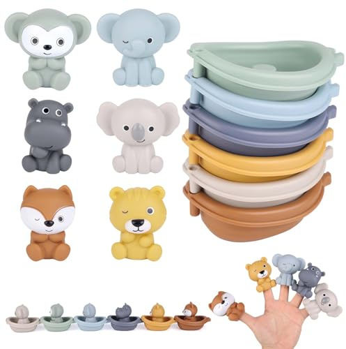 Gosknor 12 Pz Giocattoli da Bagno, Barchette Galleggianti in Silicone Morbido e Pupazzi Dito a Forma di Animali Giocattoli da Bagno per Bambini Piccoli Giochi d'Acqua per Bambini e Bambine