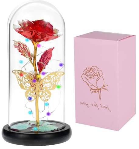 Künstliche Galaxie-Rose mit Schmetterling und bunten LED-Rosen im Glas, Geschenke für Frauen und Mädchen, für Hochzeit, Muttertag, Valentinstag