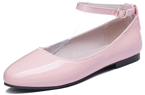 LarDorLin Cuir Verni Plates Femme Bout Rond Comfy Travail Loafer Bureau Dolly Chaussures Femme Ballerine Mary Jane Bride Cheville Plates Chaussures Rose Taille 48 EU (50 CN)