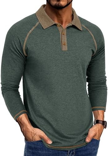 Aro Lora Mens Long Sleeve Polo Shirts Causal Polo T-Shirts Adult Button Down Golf Tops Green L