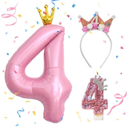 Luftballon 4 Rosa,4 Jahr Geburtstagskrone,kerze 4 Geburtstag Mädchen | 3 Stück Geburtstagsdeko Mädchen 4 Jahre,Mädchen Geburtstag Party Dekoration Jahrestag Dekorationen,Geschenk Madchen 4 Jahre