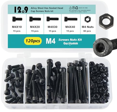 GuoYomm Lot de 120 vis M4 à tête cylindrique à six pans creux, noirs, en acier au carbone 12,9 degrés, longueurs : 10 mm, 20 mm, 30 mm, 40 mm