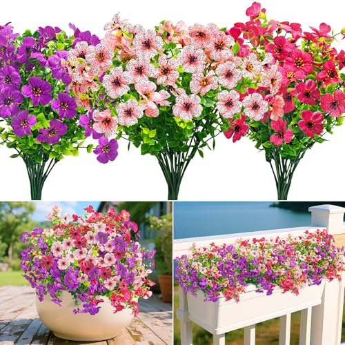 Artificial Flowers Outdoor 189 Fake Flowers, 9 Bundles UV Resistant Plastic Faux Silk Flowers Bouquet, Decorative Artificial Flowers Plants for Garden Graves Porch Window Front Door Indoor Decoration