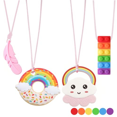Xerteam Chew Necklace, 4 Pcs Sensory Chew Necklace, Safe Silicone Chewy Toys for Autism, Pink Chew Necklaces for Sensory Kids, Chew Toys for Kids with Teething, Biting Needs, ADHD（BPA-Free