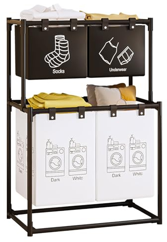 Wäschekorb, Wäschesammler mit Ablage Scrollrad und herausziehbaren Säcken, Wäschebox, Wäsche sortiersystem, Waschesammelbox für Schlafzimmer Badezimmer, Wohnungs Zubehör (4 fächer)