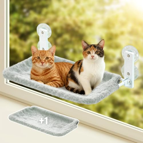 Foldable Cat Window Perch with Two Covers 60x30cm Large, Cat Window Bed Indoor Hammock Perch Cordless, Holds Up to 18kg, Machine Washable, Grey