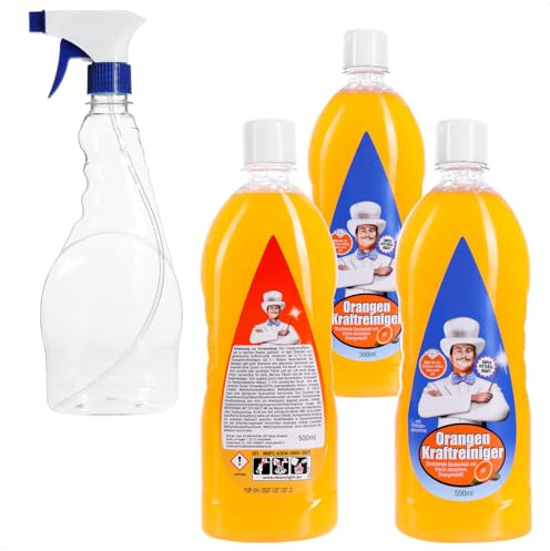 com-four® 1500 ml Orangenreiniger Konzentrat - Hochergiebiges Universal-Kraftreiniger Set gegen hartnäckigen Schmutz - Allzweckreiniger für Haushalt, Küche, Bad, Auto - Sprühflasche enthalten