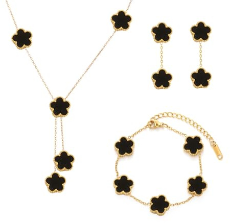 Gkaopi Vierblättriges Kleeblatt Schmuckset für Damen und Mädchen 18K Vergoldet Edelstahl Zweiseitig Anhänger Halskette Ohrstecker Armband Glückliches (Schwarz, Einheitsgröße)