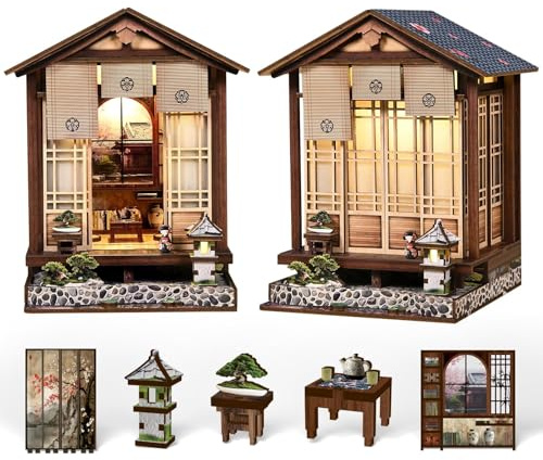 Japanese DIY Miniature Dollhouse Kit, Wooden Traditional Style Book Nook and Alley Models, Handcraft Building Set with LED Lights, Furniture and Accessories for Adults (Pavilion)