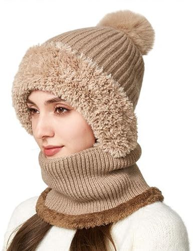 AYPOW Winter Warm Strickmütze Damen, 3 in 1 Multifunktional Beanie Mütze Warm Wintermütze & Halswärmer Sets, Flexible Dickes Fleece Gefüttert, Frauen Sturmhauben Gesichtsmaske für Outdoor-Sportarten