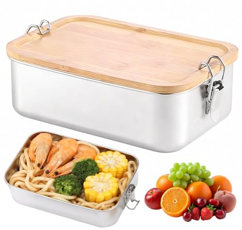 Wapasezyar Edelstahl Brotdose, Bento Box Auslaufsicher Metall Lunchbox 1400ml, Brotzeitdose mit Holzdeckel Vesperdose Erwachsene Kinder, Frühstücksbox Brotbox für Schule Ausflüge Kindergarten